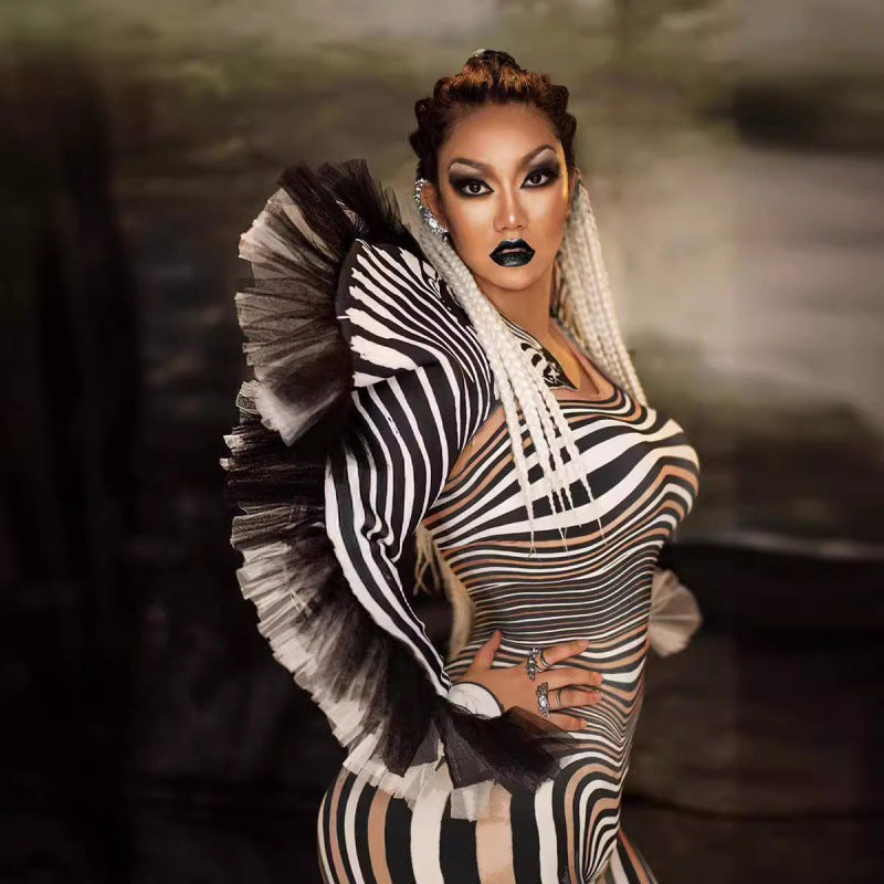 New Performance Costume Bar Nightclub Female Singer Guest Dance Fake Meat Print Striped Zebra Head jumpsuit