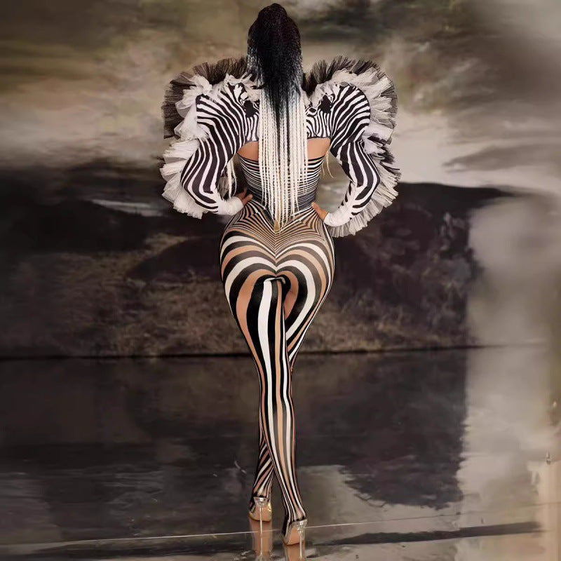 New Performance Costume Bar Nightclub Female Singer Guest Dance Fake Meat Print Striped Zebra Head jumpsuit