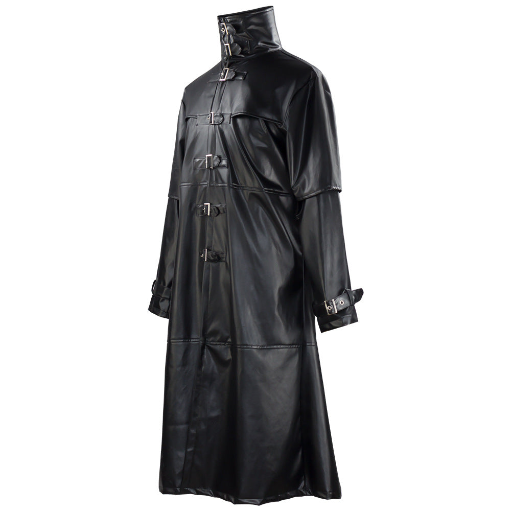 Plague Doctor Cosplay Costume Medieval Retro Fitted Button-Down Long PU Leather Jacket for Men Halloween