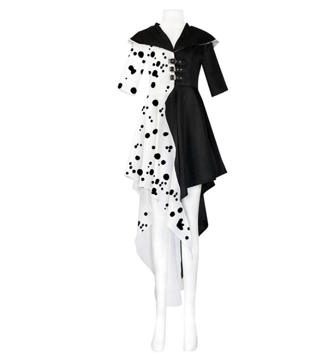 Halloween Cruella Costume Cosplay Evil Queen Black White Coat Evening Party Dress Fashion Emma Magic Performance Oufit