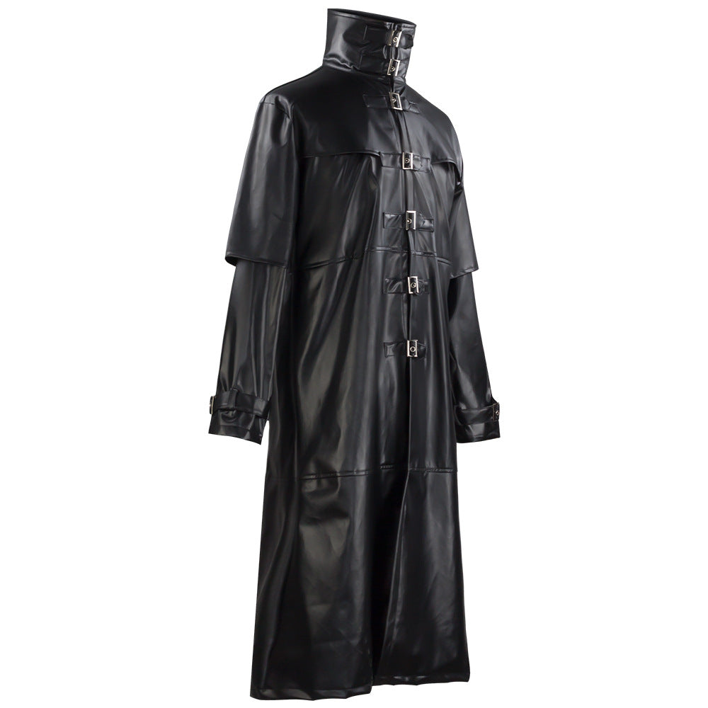 Plague Doctor Cosplay Costume Medieval Retro Fitted Button-Down Long PU Leather Jacket for Men Halloween
