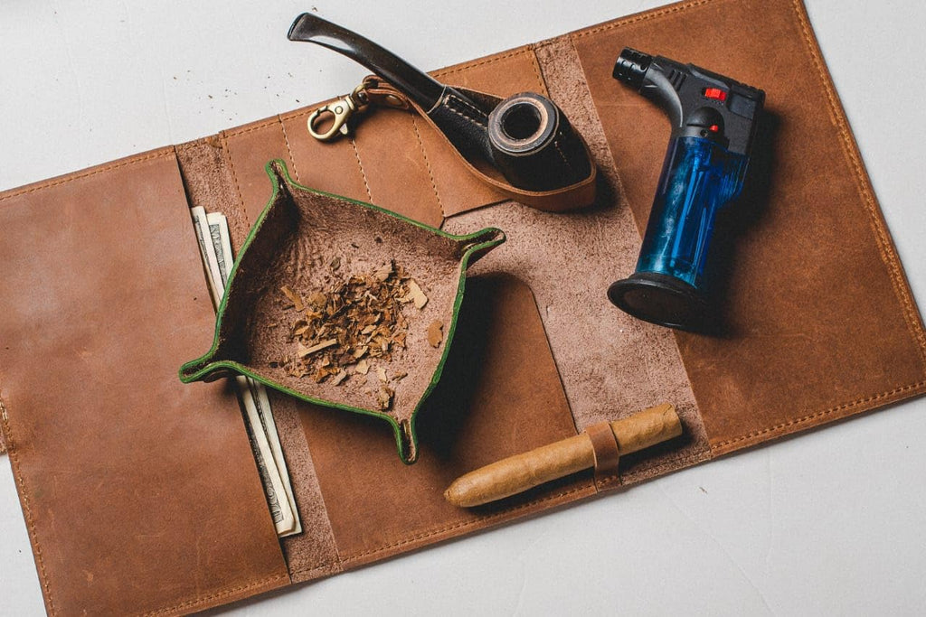 Luxurious Leather Tobacco Smoking Pipe Pouch Bag Organizer Case with Rolling pad.
