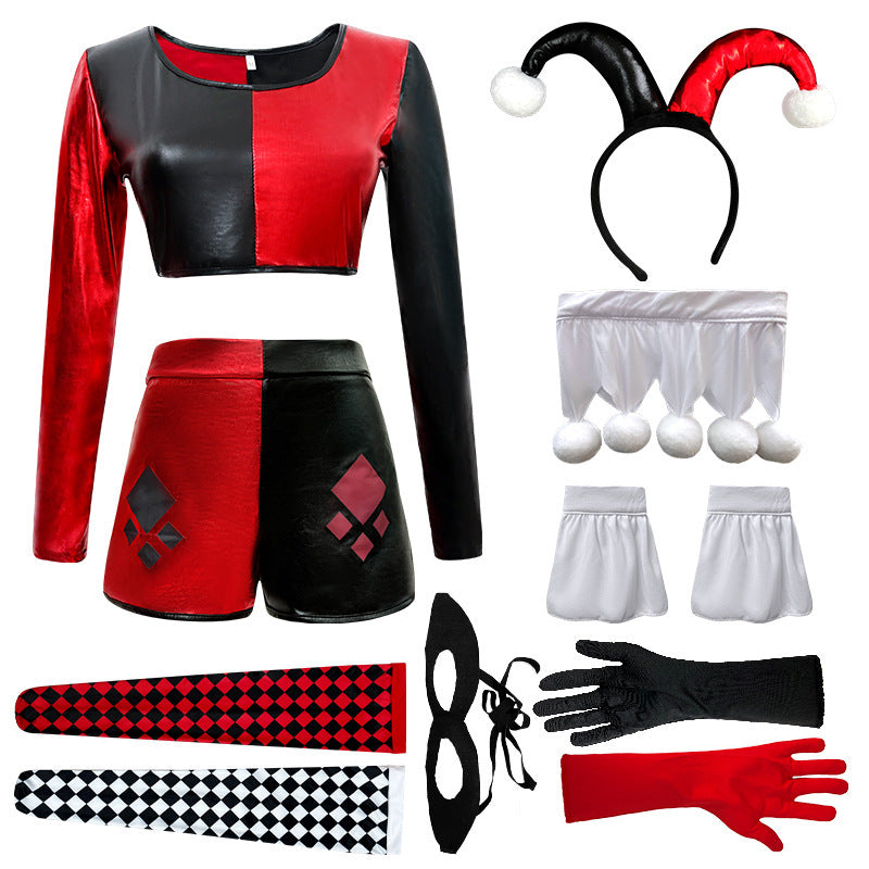 Circus Halloween Costume Black and Red Bodysuit Sexy Jester Costume Clown Costume Stage Performance Outfit
