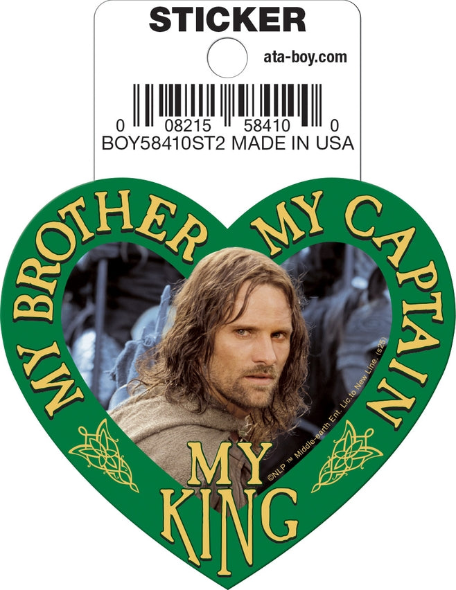 Ata-Boy Stickers: Die Cut Vinyl Sticker - 3" - Lord of the Rings - Aragorn - My King, My Brother, My Captain - Heart Shaped