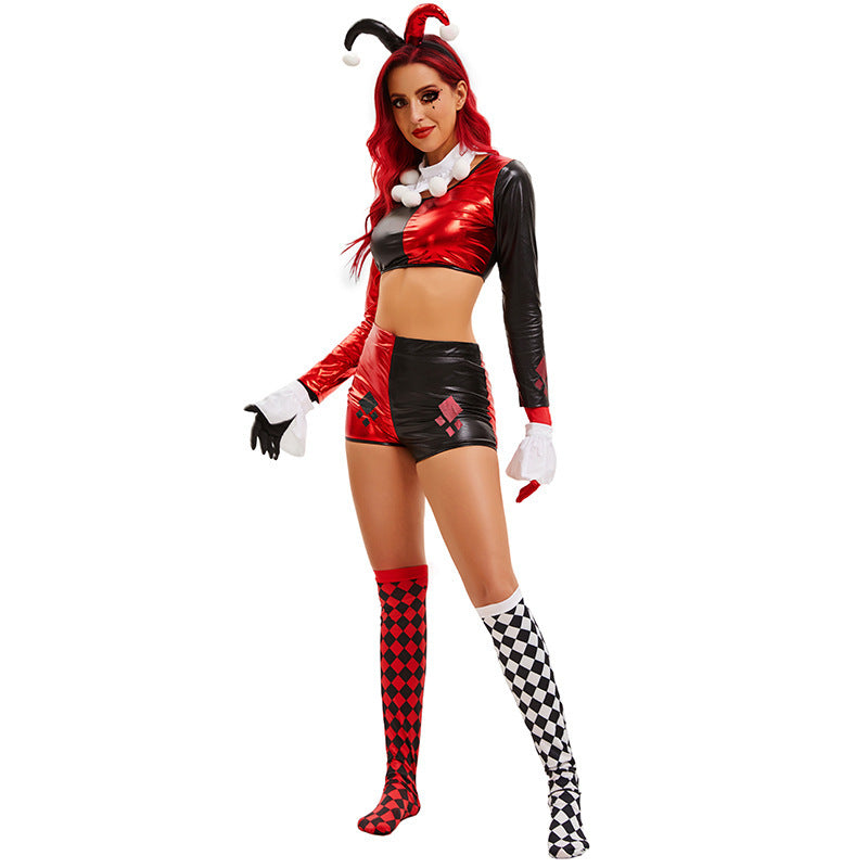 Circus Halloween Costume Black and Red Bodysuit Sexy Jester Costume Clown Costume Stage Performance Outfit