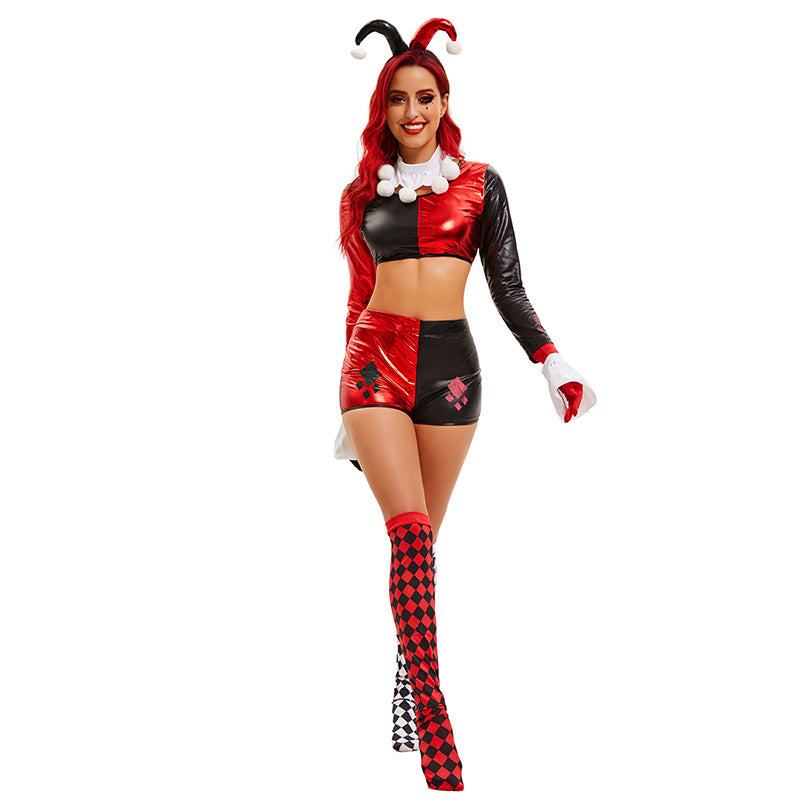 Circus Halloween Costume Black and Red Bodysuit Sexy Jester Costume Clown Costume Stage Performance Outfit