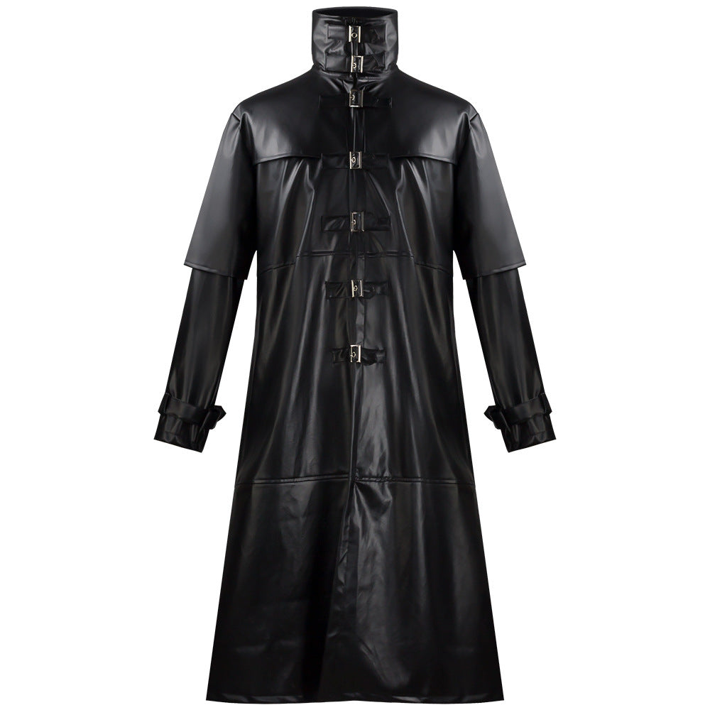 Plague Doctor Cosplay Costume Medieval Retro Fitted Button-Down Long PU Leather Jacket for Men Halloween
