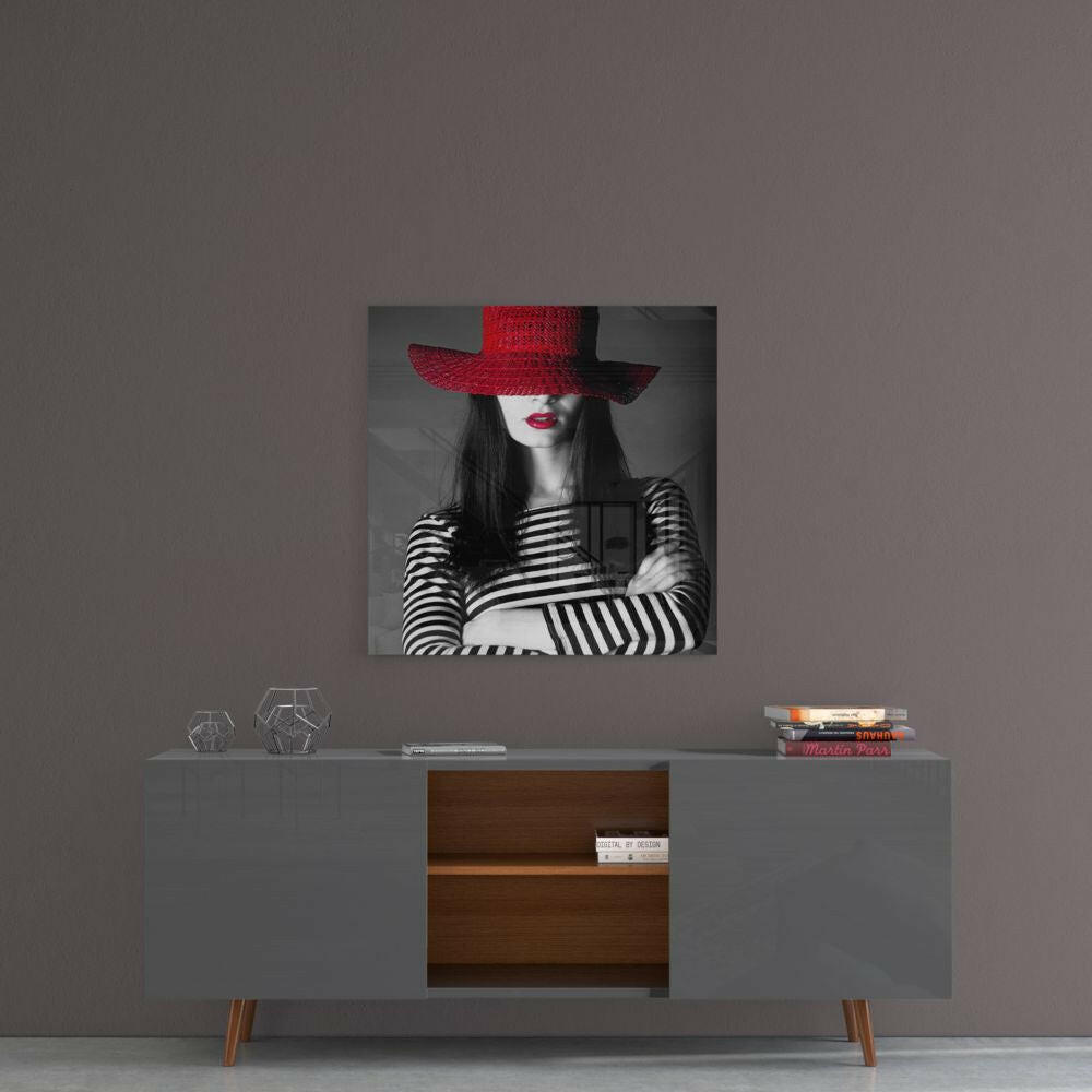 Woman in Red Hat Glass Wall Art