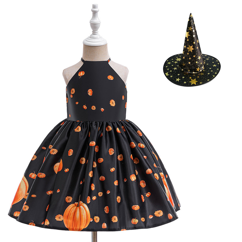 Girls' Halloween pumpkin dress children's stage performance costume witch dress up costume sling princess dress