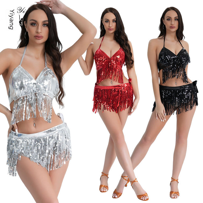 DS costume sexy belly dance jazz dance steel tube dance costume sequins tassel dress Festival nightclub stage costume