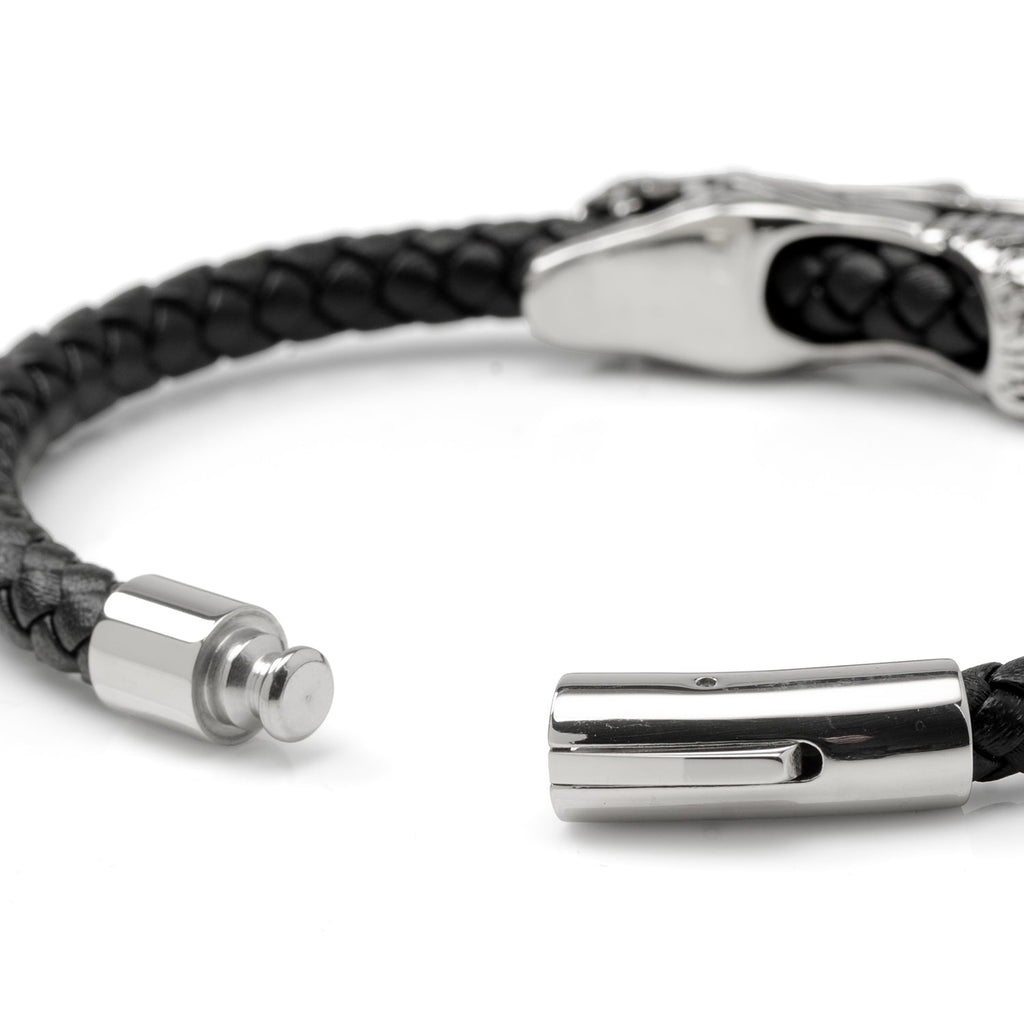 Dragon Head Braided Black Leather Bracelet with Magnetic Closure