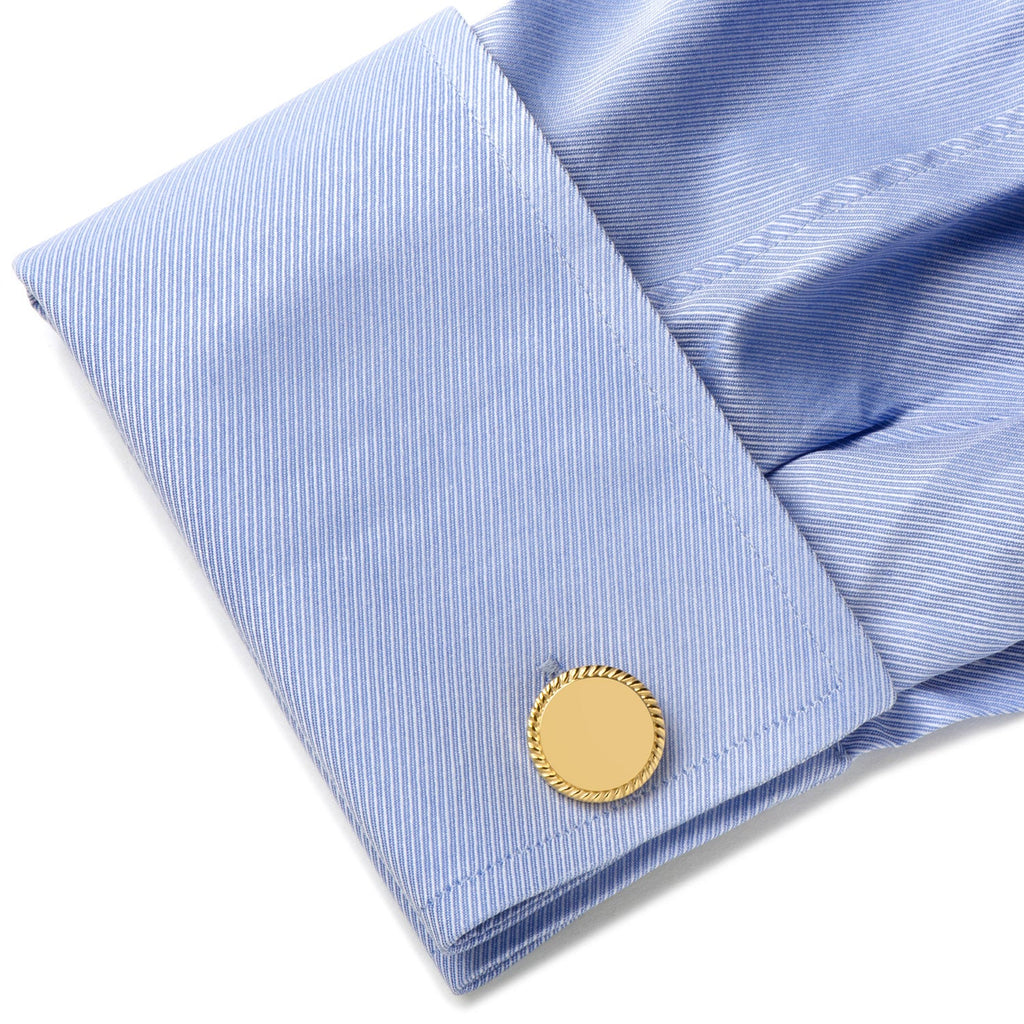 Engravable Gold Plated Rope Border Round Cufflinks and Tie Bar Gift Set