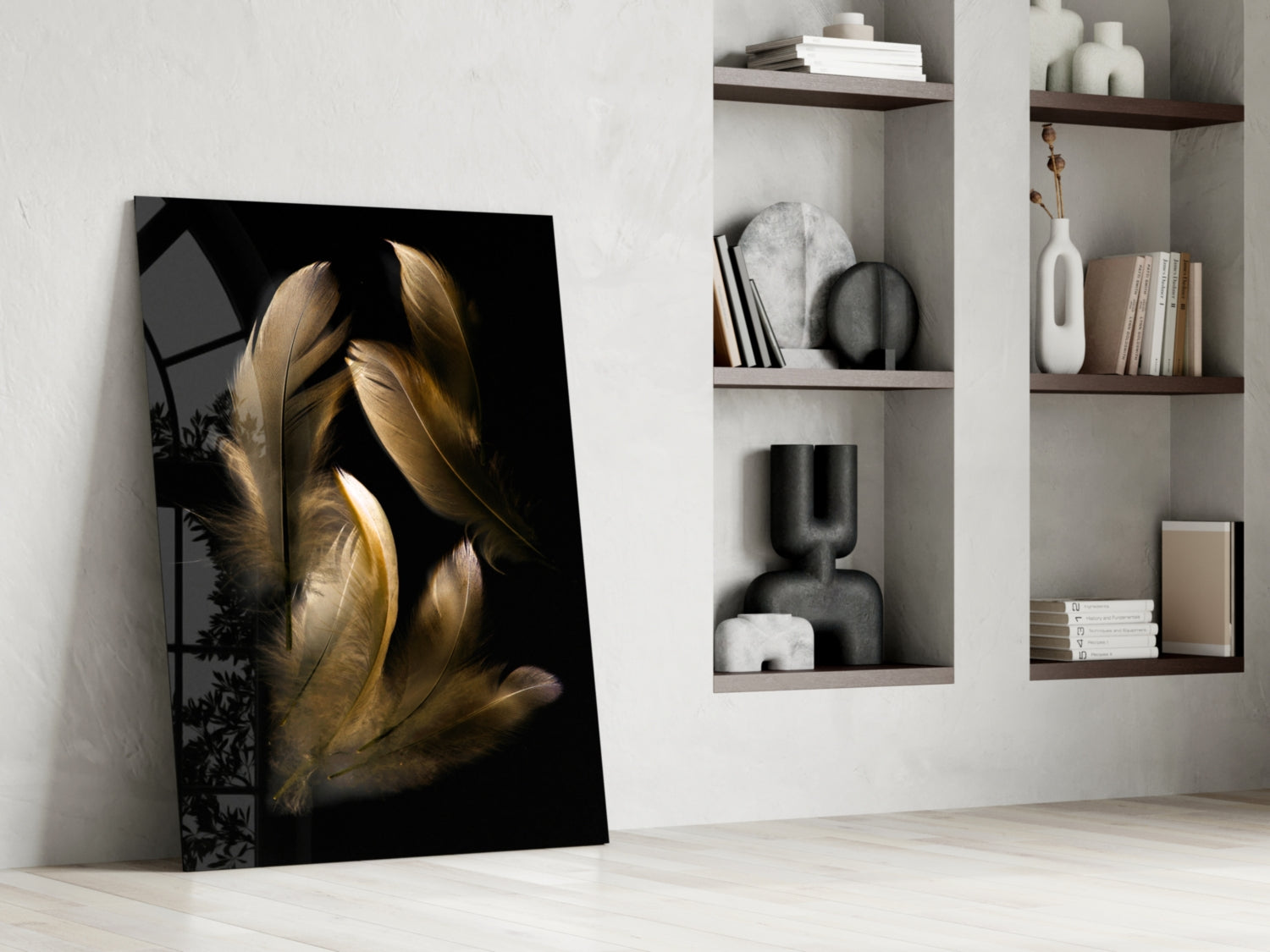 Tan Feather Glass Wall Art