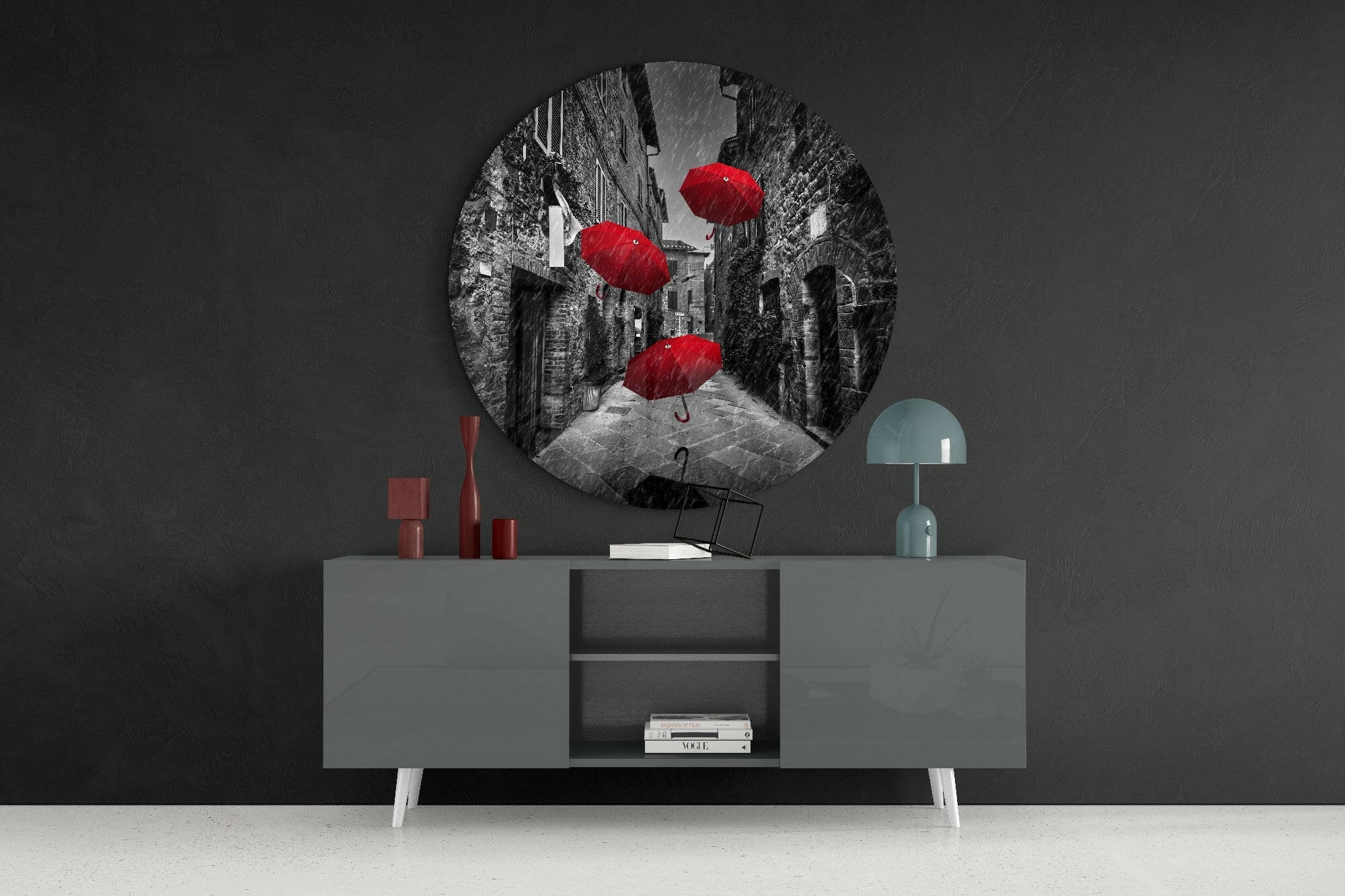 Red Umbrellas Glass Wall Art