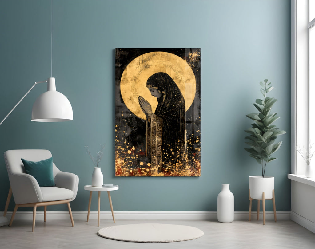 Golden Prayers of Mary Glass Wall Art || Designer Collection