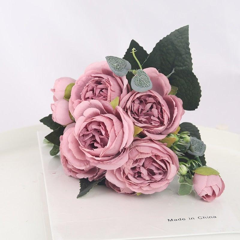 Artificial Flowers 1 Bouquet 9 heads Peony Tea Rose Autumn Silk Fake Flowers For Living Room Home Garden Wedding Decoration Artificial Silk Fake Flowers Rose Floral Decor Bouquet