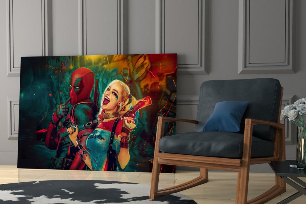 Harley Quinn and Deadpool Glass Art