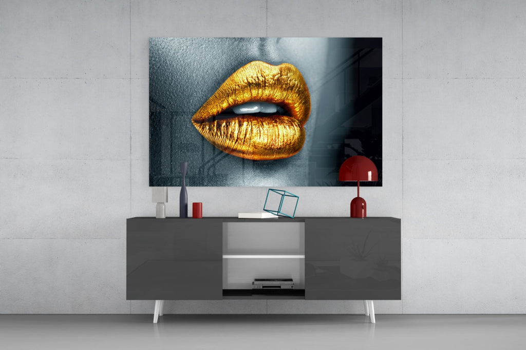 Golden Lips Glass Wall Art