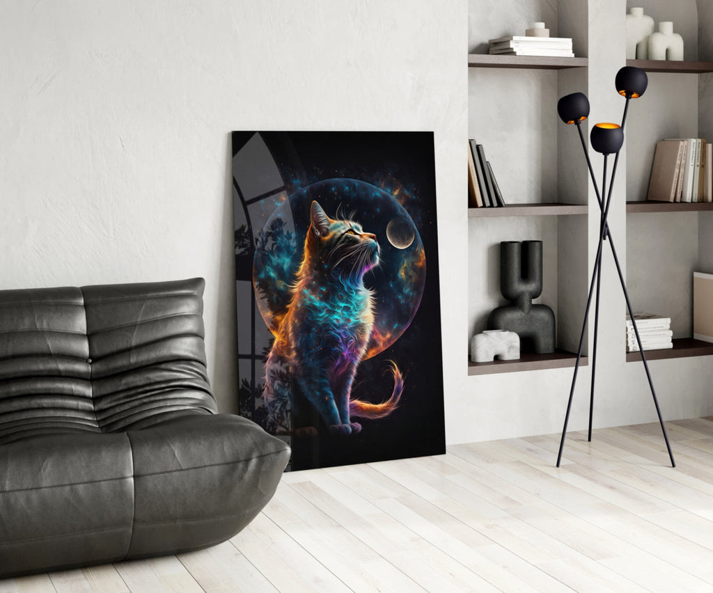 Moon Cat Glass Wall Art  || Designer Collection