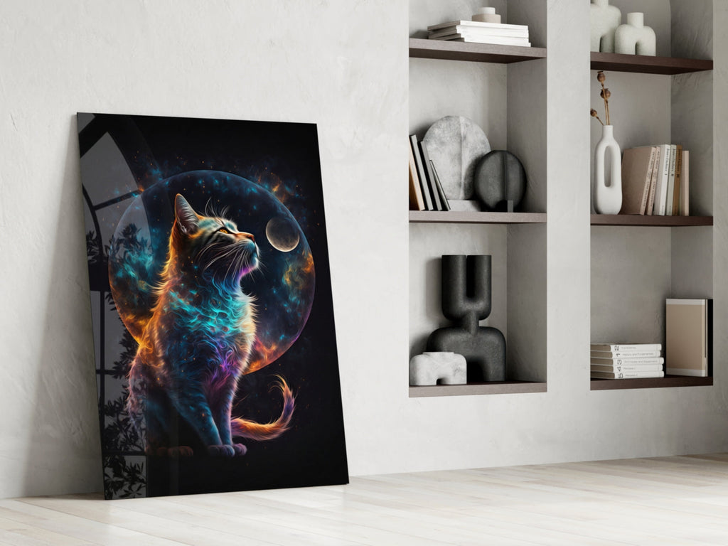Moon Cat Glass Wall Art  || Designer Collection