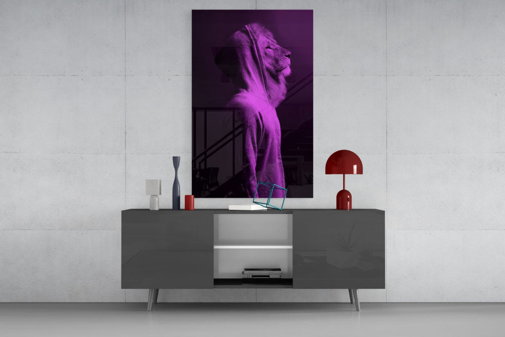 Purple Lion Head Glass Wall Art