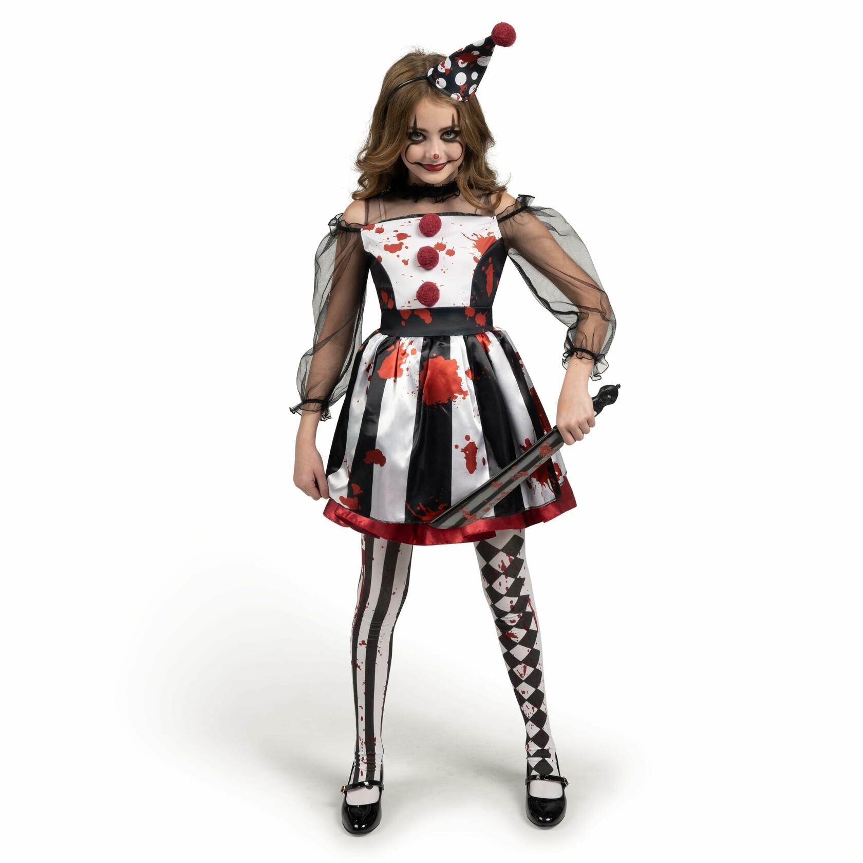 Girls Scary Clown Costume Spooktacular Bloody Jester Dress Black White S