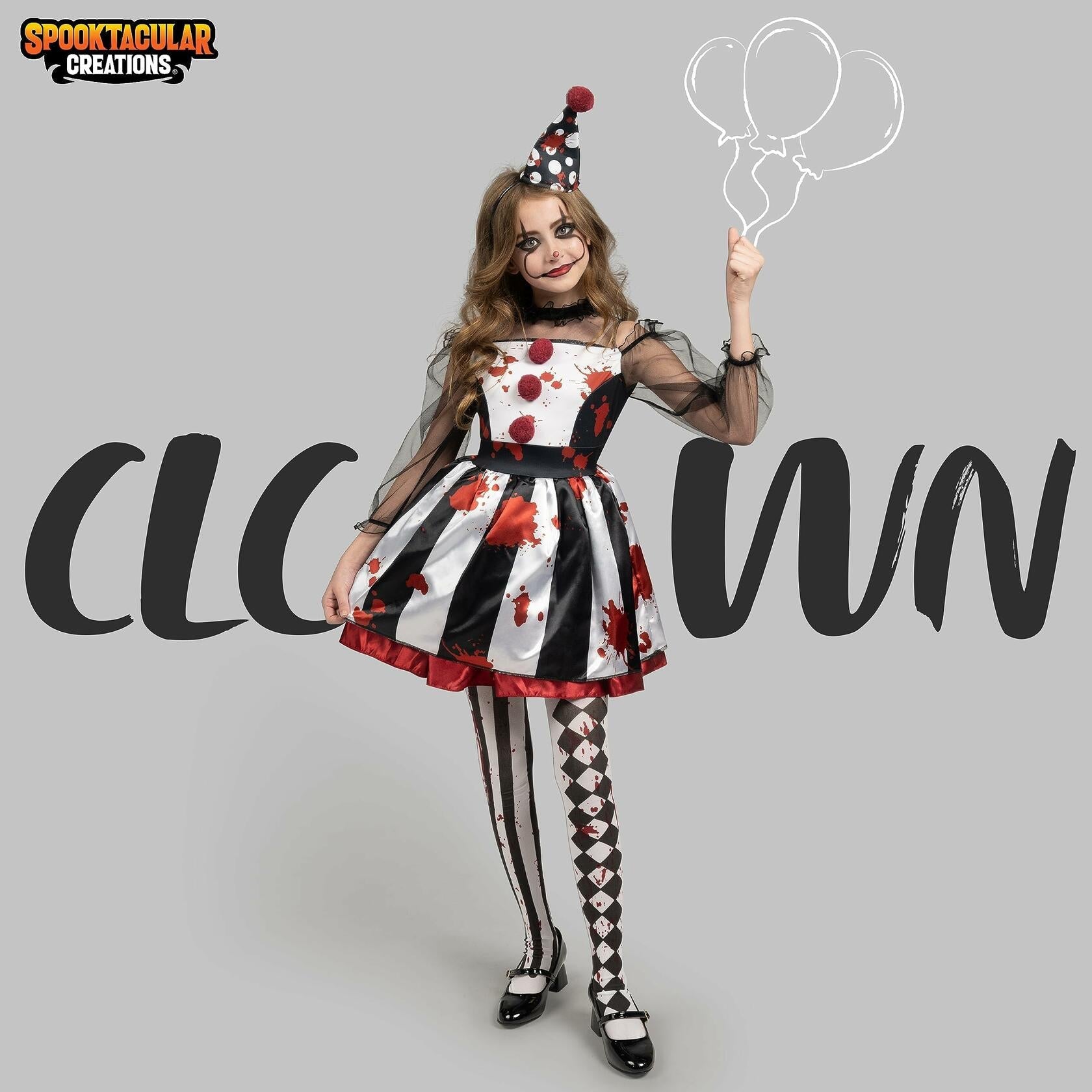 Girls Scary Clown Costume Spooktacular Bloody Jester Dress Black White S
