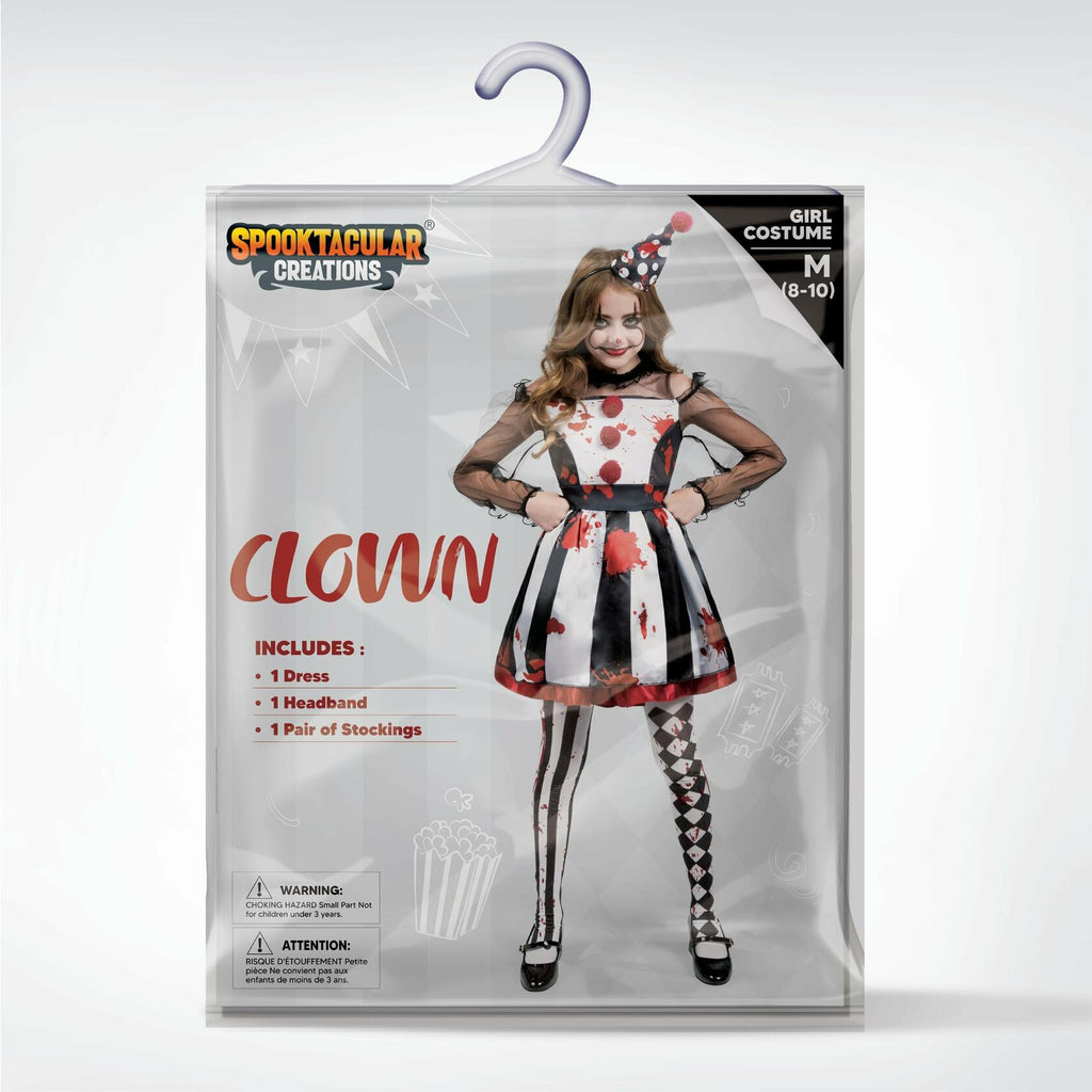 Girls Scary Clown Costume Spooktacular Bloody Jester Dress Black White S
