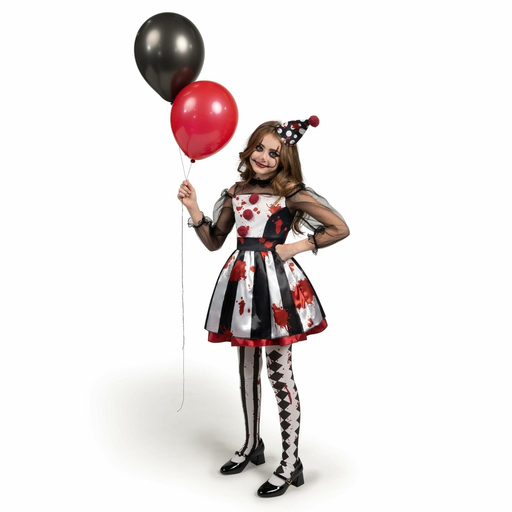Girls Scary Clown Costume Spooktacular Bloody Jester Dress Black White S